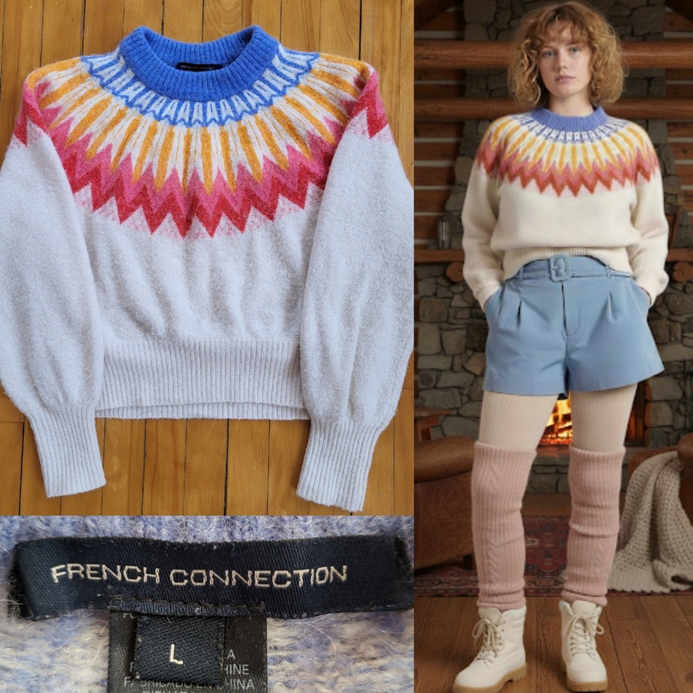 French Connection Fair Isle Alpaga Wool Blend Knit Sweater Nordic Style Size L